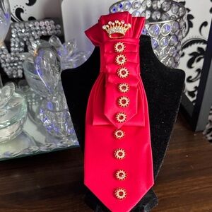Red Satin Jeweled Brooch Tie Accent
